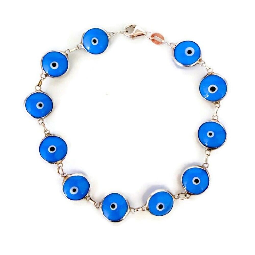 Y2K Sterling Silver Evil Eye Good Luck Bracelet Bezeled Blue Glass Amulet 7.5"